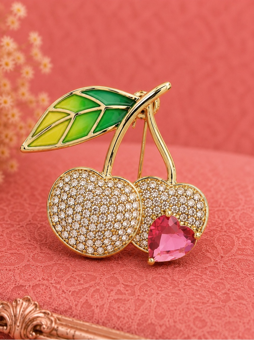 Couture Cherry Heart Crystal Brooch
